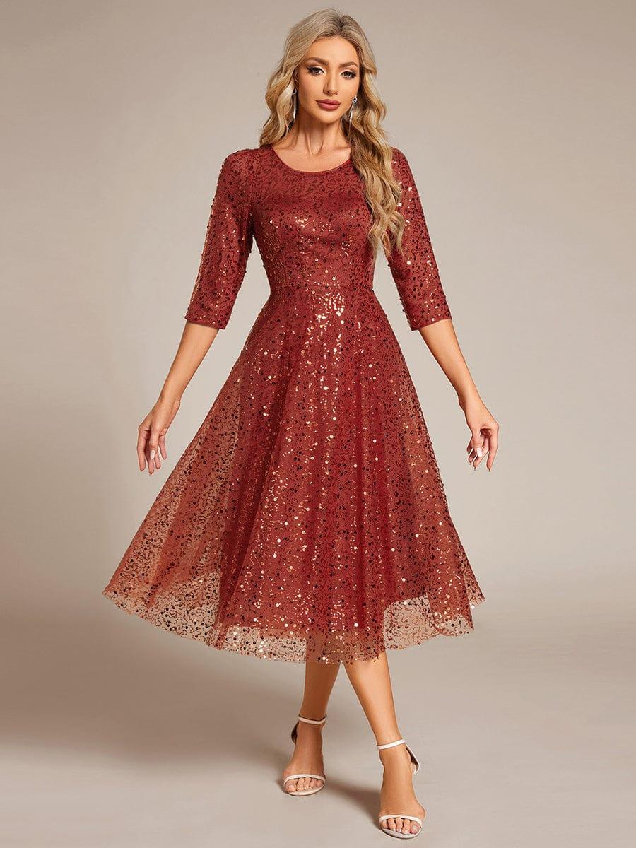 Sparkly Round Quarter Sleeves A-Line Sequins Wedding Guest Dress