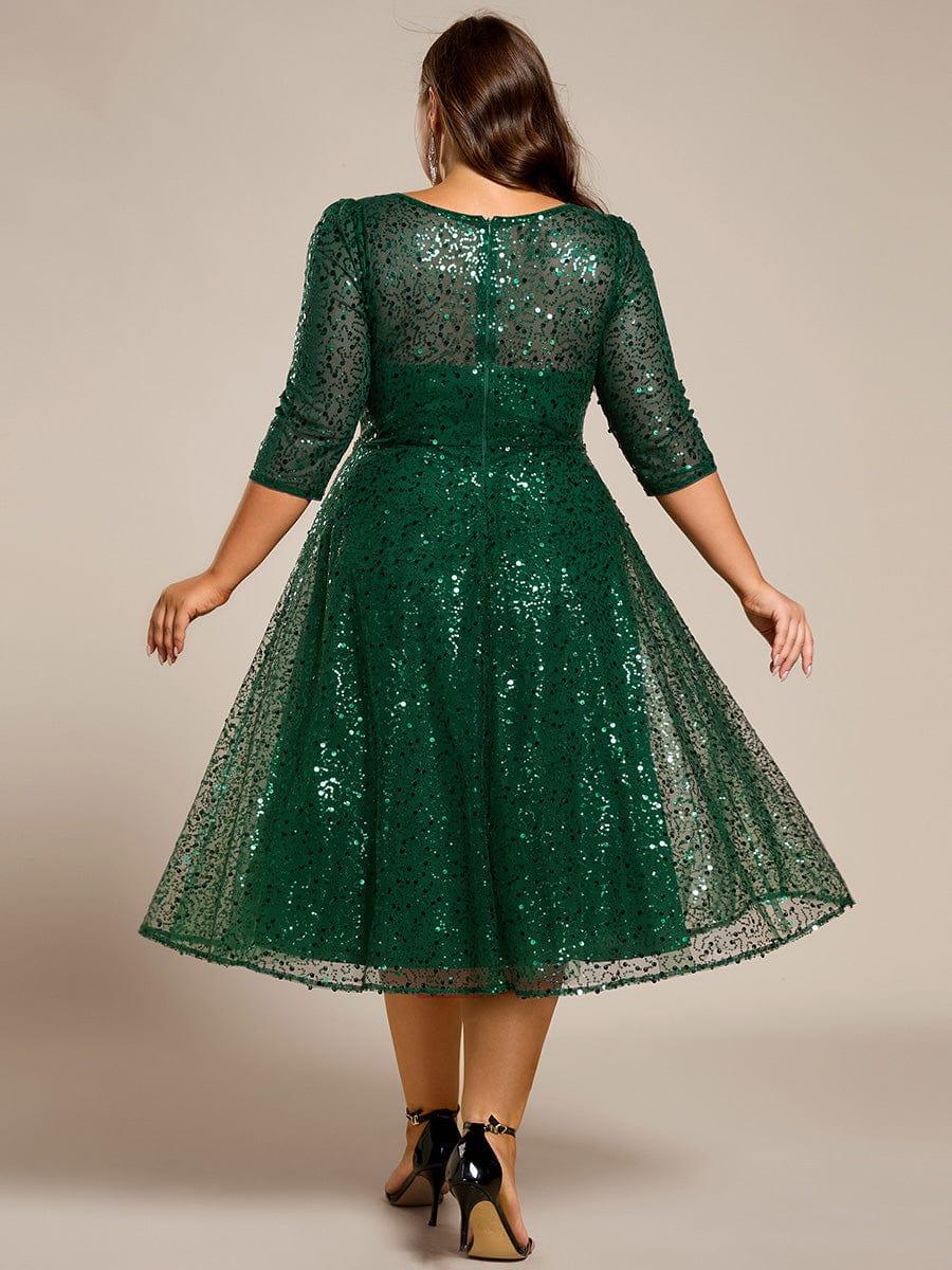 Quarter Sleeves A-Line Empire Sequins Midi Wedding Guest Dress