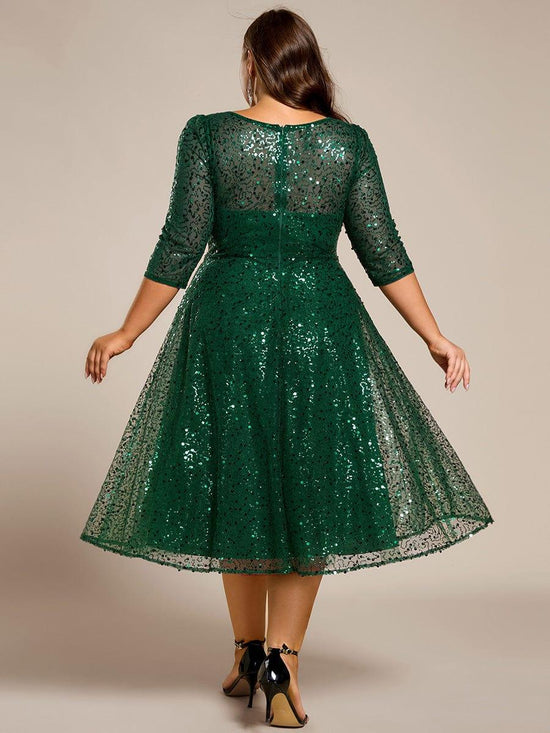 Quarter Sleeves A-Line Empire Sequins Midi Wedding Guest Dress
