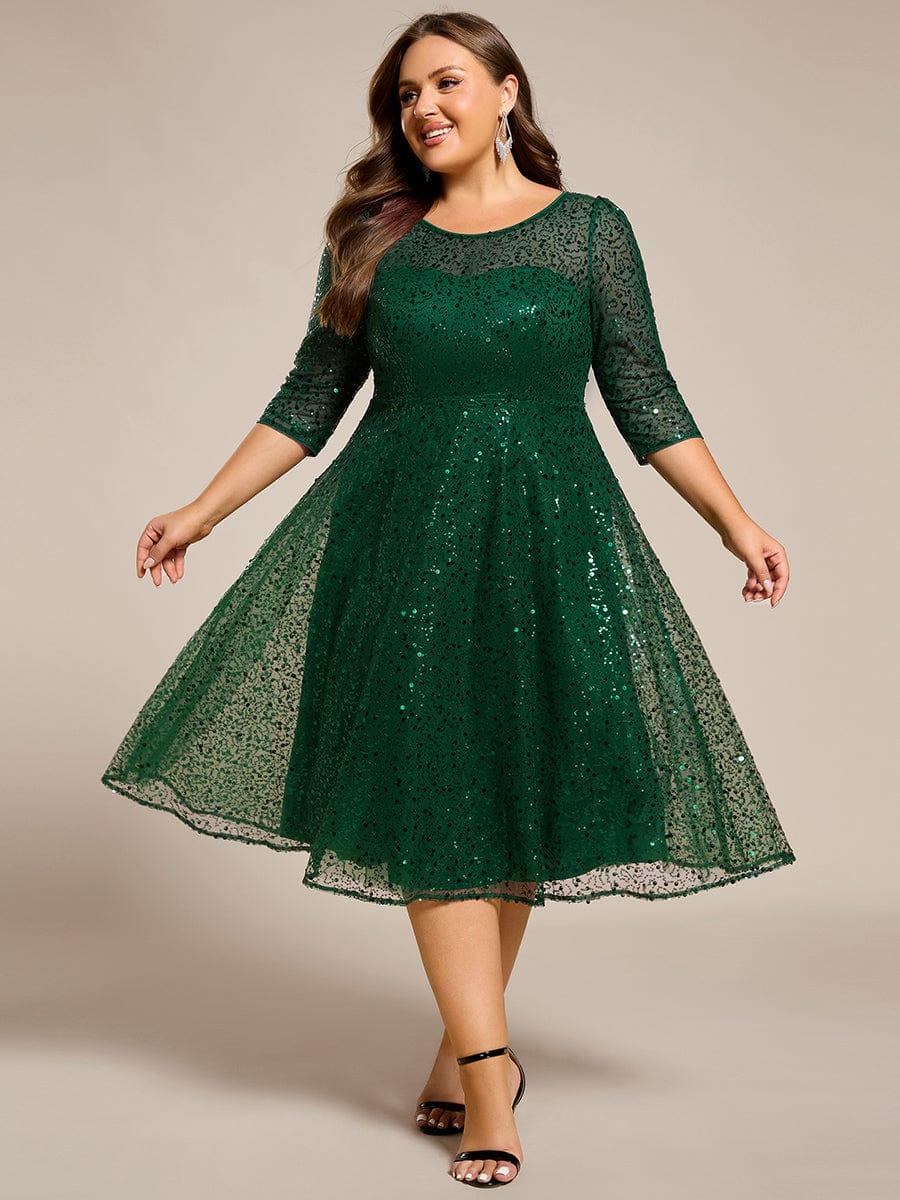 Quarter Sleeves A-Line Empire Sequins Midi Wedding Guest Dress