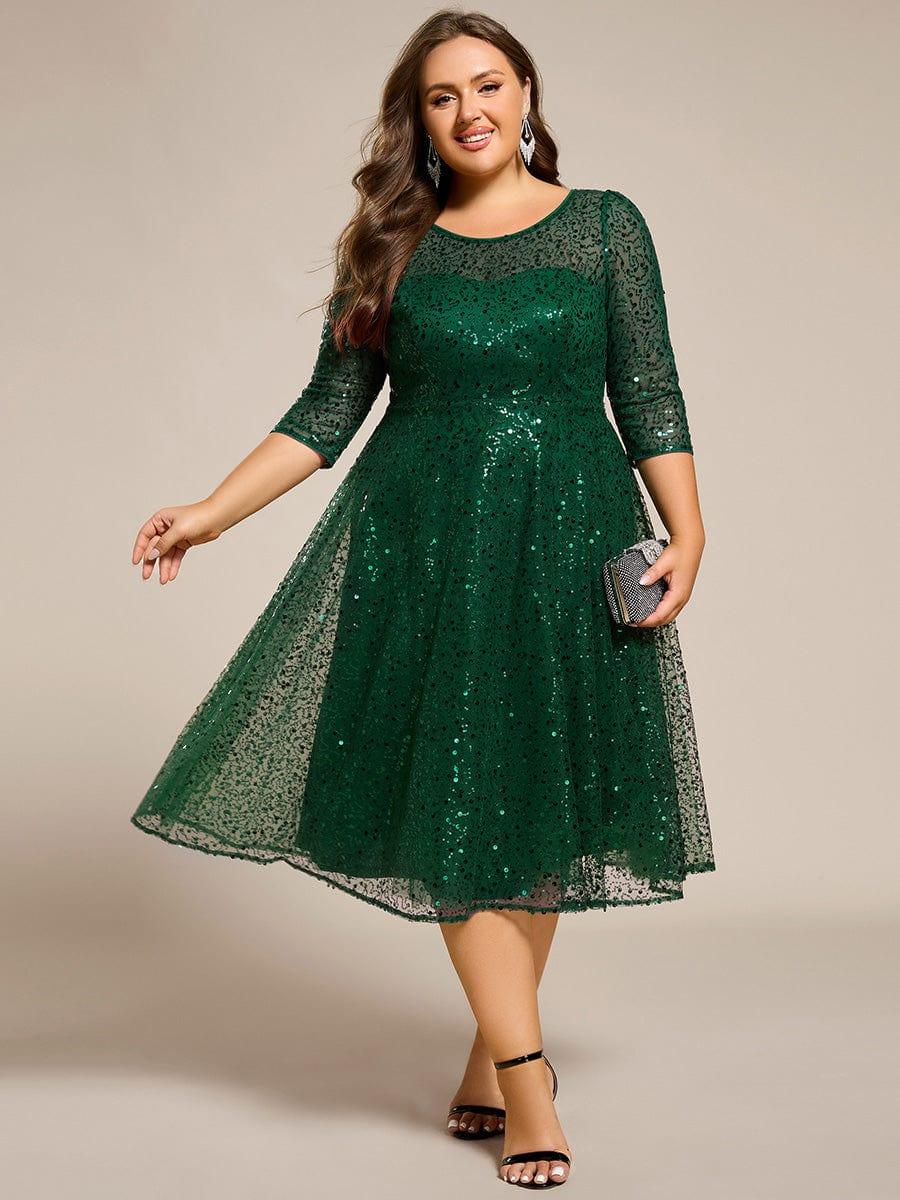 Quarter Sleeves A-Line Empire Sequins Midi Wedding Guest Dress