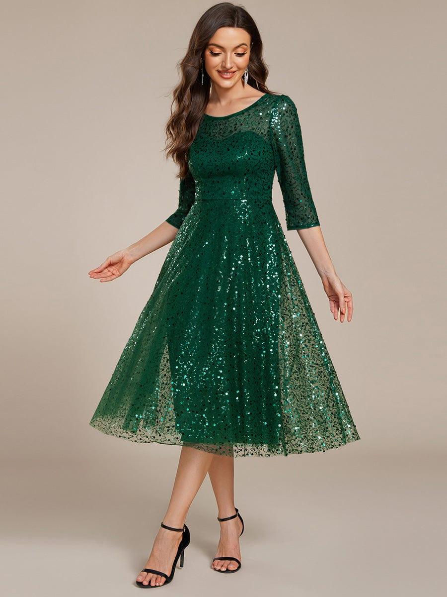 Sparkly Round Quarter Sleeves A-Line Sequins Wedding Guest Dress
