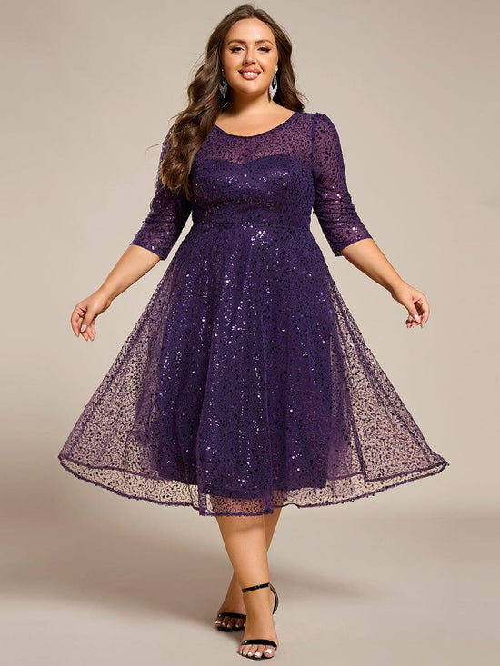 Sparkly Round Quarter Sleeves A-Line Sequins Wedding Guest Dress