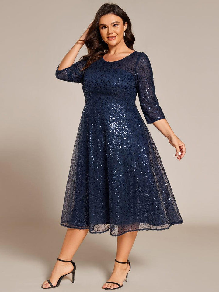 Quarter Sleeves A-Line Empire Sequins Midi Wedding Guest Dress