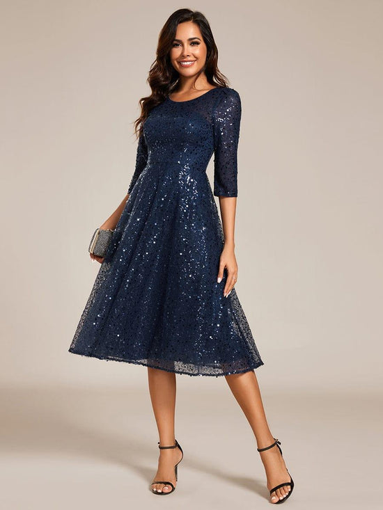 Sparkly Round Quarter Sleeves A-Line Sequins Wedding Guest Dress