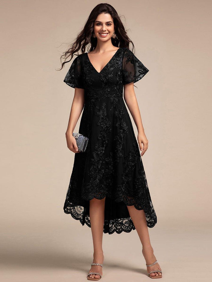 Bell Sleeves A-Line V-Neck Lace High Low Midi Mother of the Bride Dress Info
