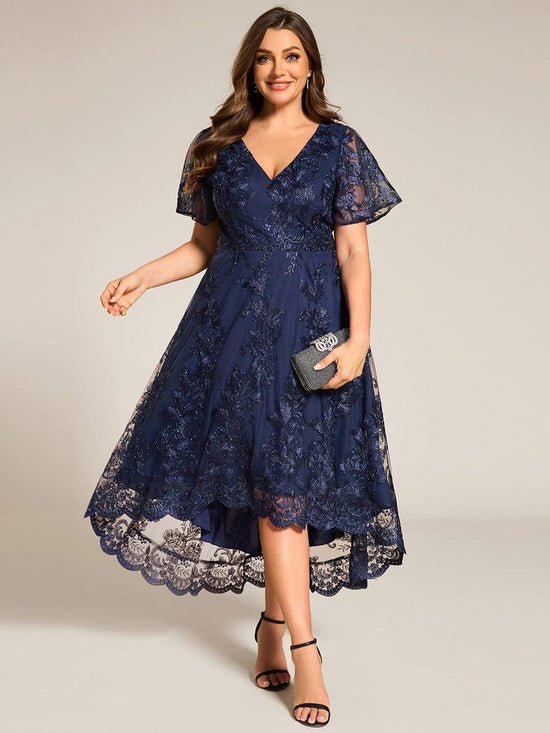 Bell Sleeves A-Line V-Neck Lace High Low Midi Mother of the Bride Dress Info