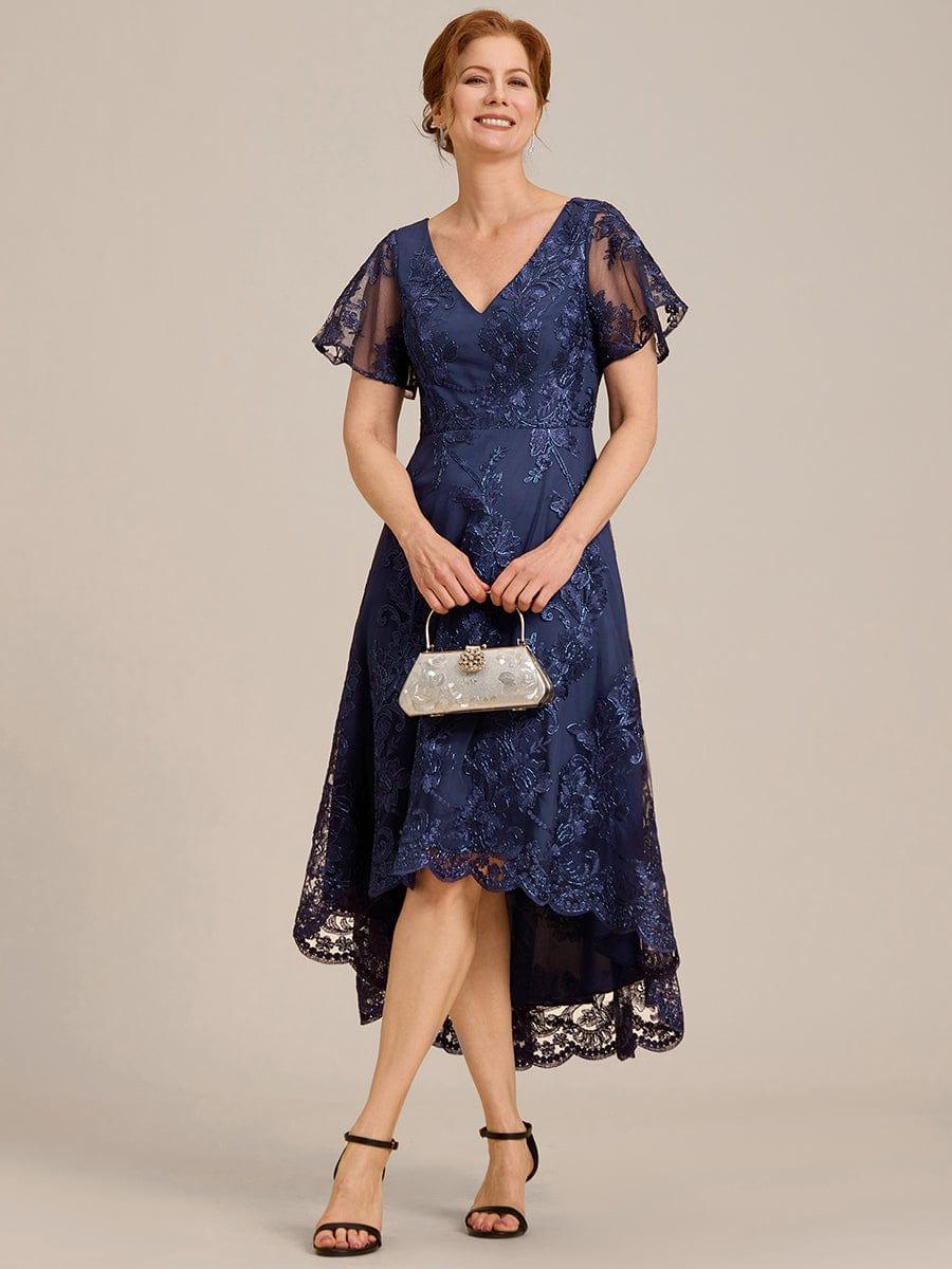 Bell Sleeves A-Line V-Neck Lace High Low Midi Mother of the Bride Dress Info
