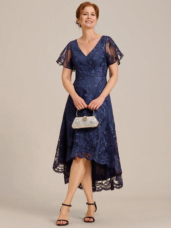 Bell Sleeves A-Line V-Neck Lace High Low Midi Mother of the Bride Dress Info