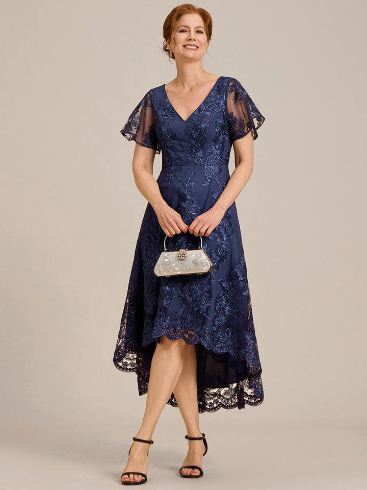 Bell Sleeves A-Line V-Neck Lace High Low Midi Mother of the Bride Dress Info
