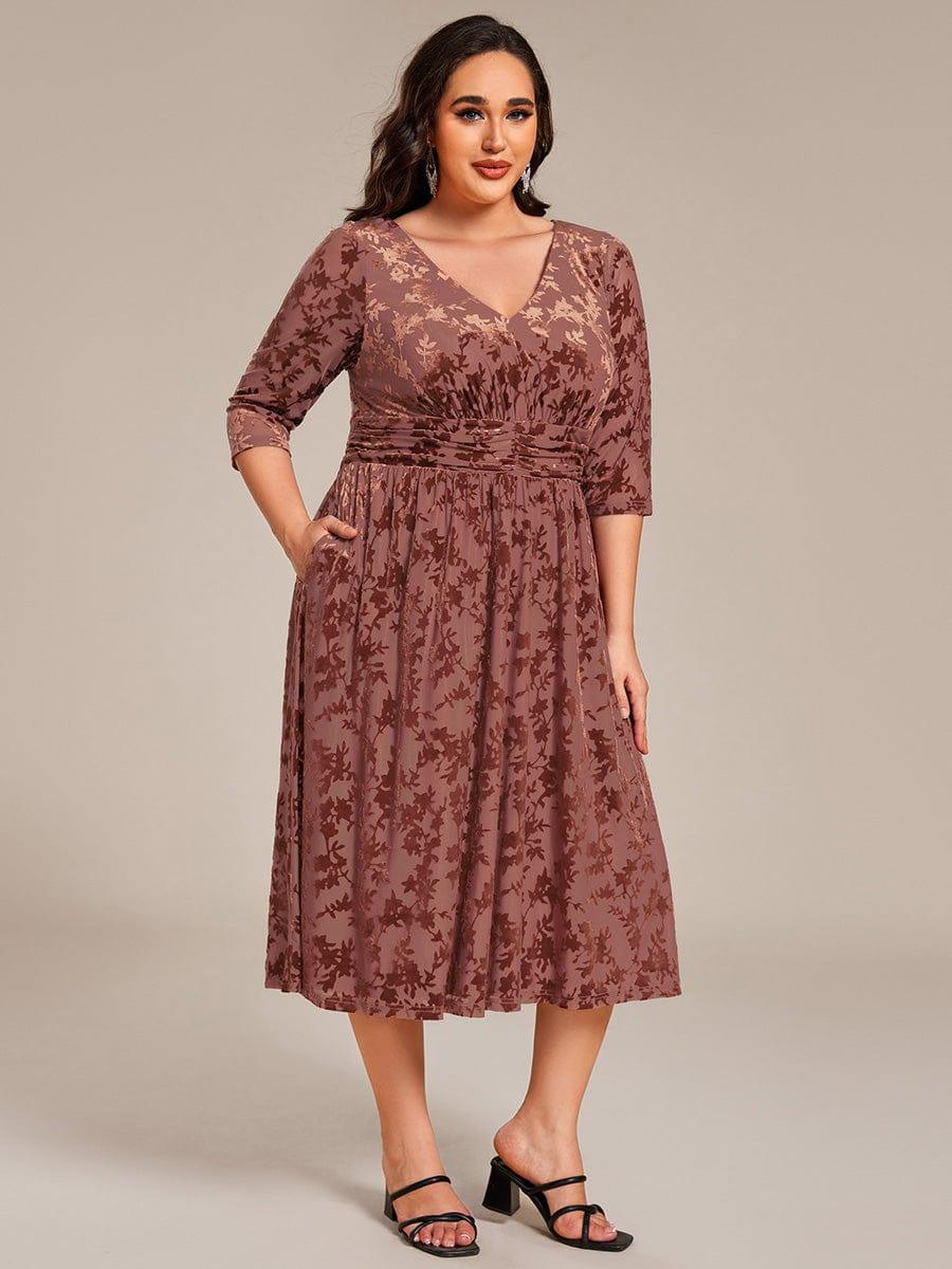 Plus Size A-Line Quarter Sleeves Velvet Appliques Wedding Guest Dress
