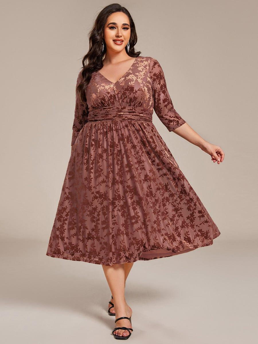 Plus Size A-Line Quarter Sleeves Velvet Appliques Wedding Guest Dress