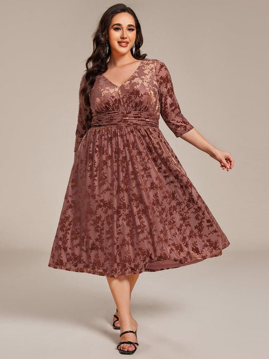 Plus Size A-Line Quarter Sleeves Velvet Appliques Wedding Guest Dress