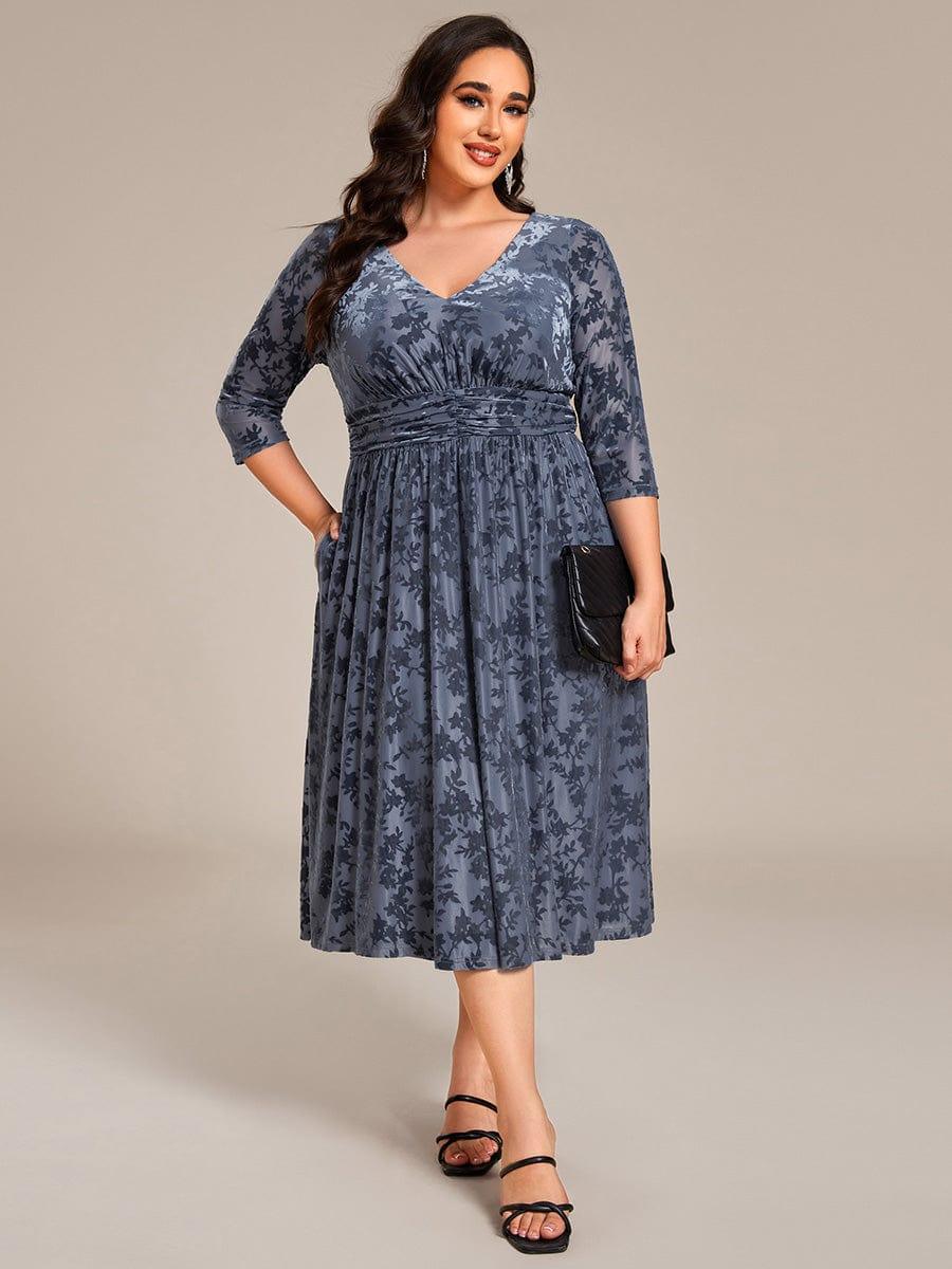 Plus Size A-Line Quarter Sleeves Velvet Appliques Wedding Guest Dress