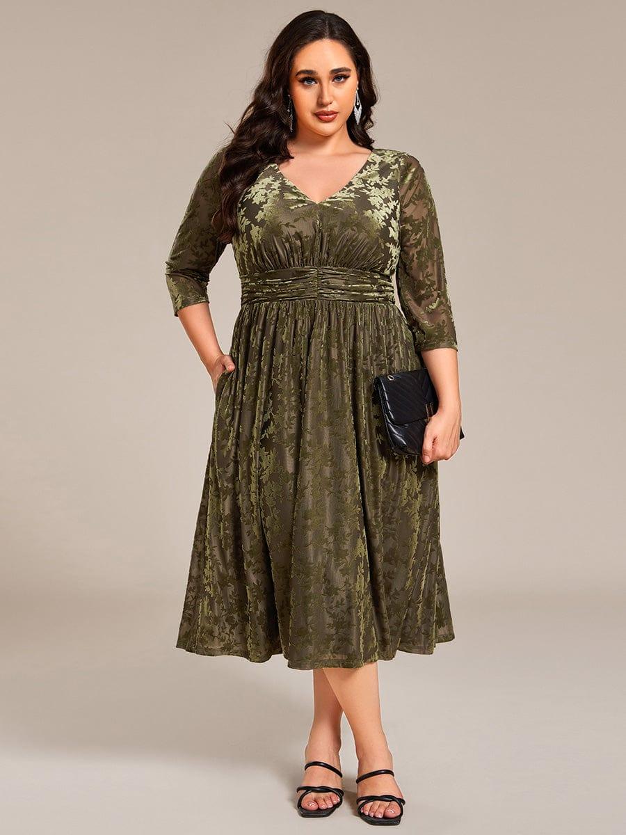 Plus Size A-Line Quarter Sleeves Velvet Appliques Wedding Guest Dress