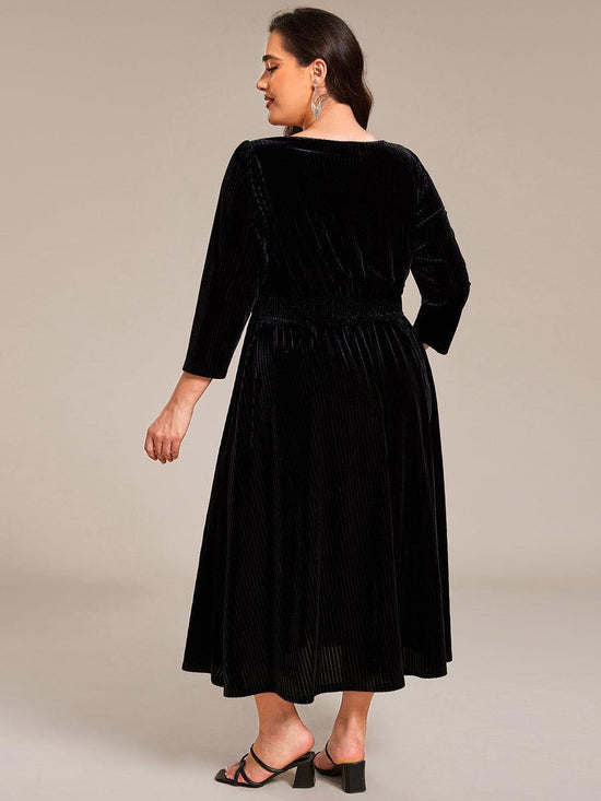 V-Neck Long Sleeves Pleated Velvet Wedding Guest Dress With Pockets