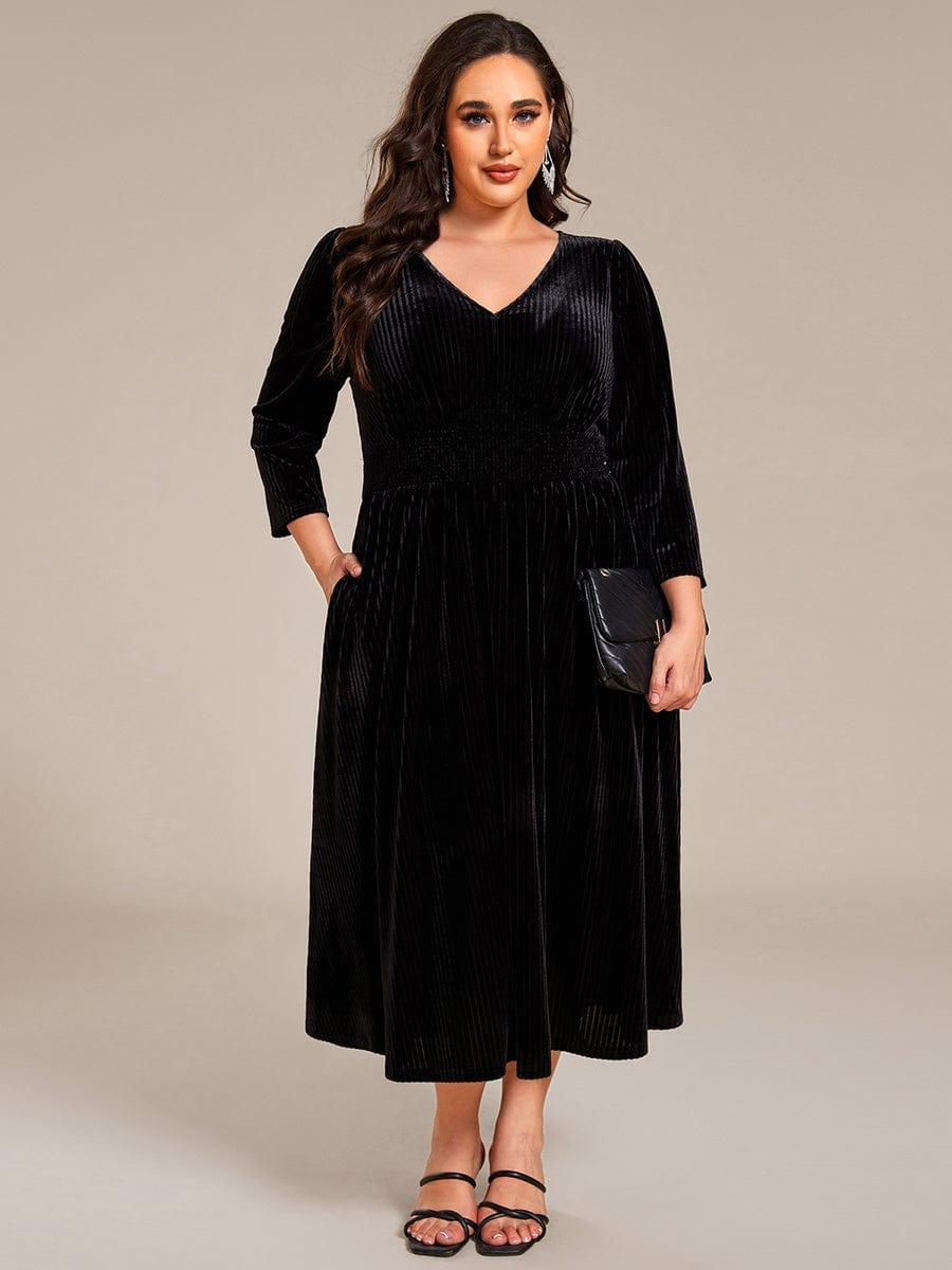 V-Neck Long Sleeves Pleated Velvet Wedding Guest Dress With Pockets