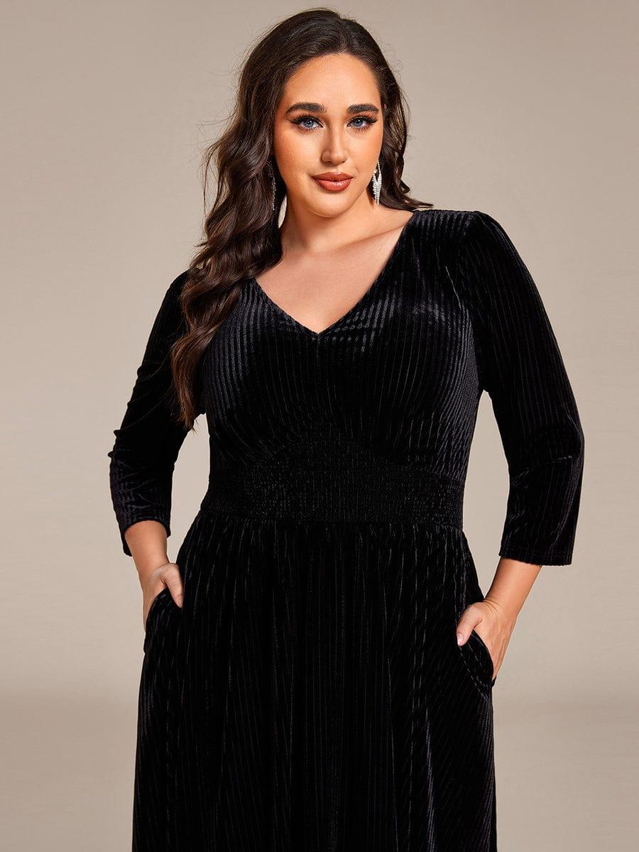 V-Neck Long Sleeves Pleated Velvet Wedding Guest Dress With Pockets