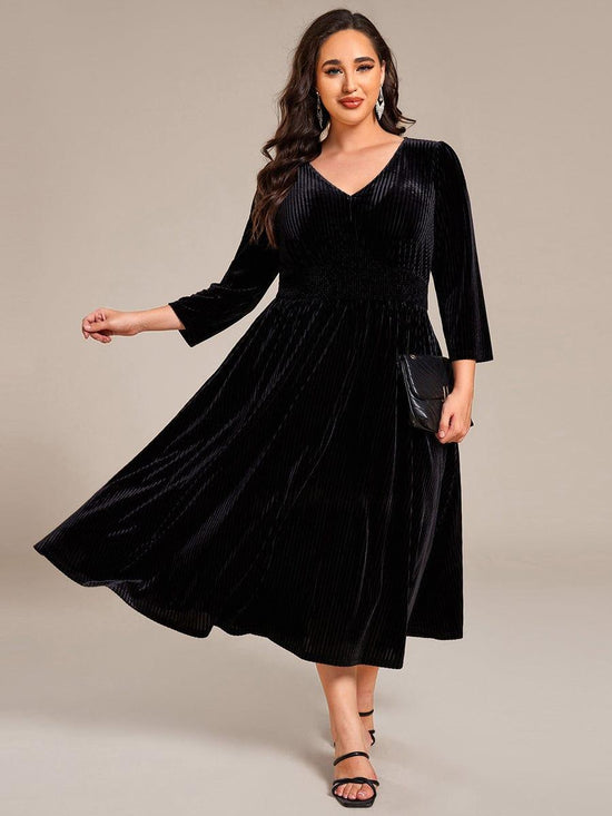 V-Neck Long Sleeves Pleated Velvet Wedding Guest Dress With Pockets