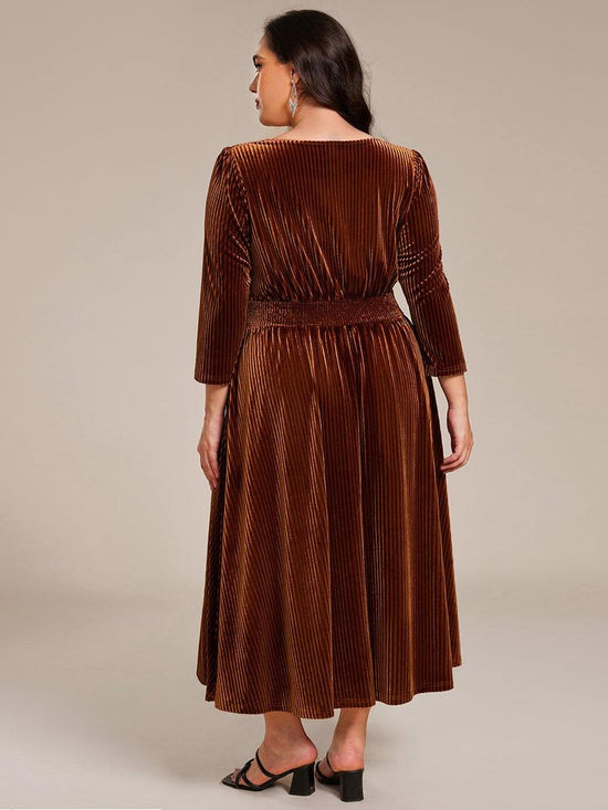 V-Neck Long Sleeves Pleated Velvet Wedding Guest Dress With Pockets