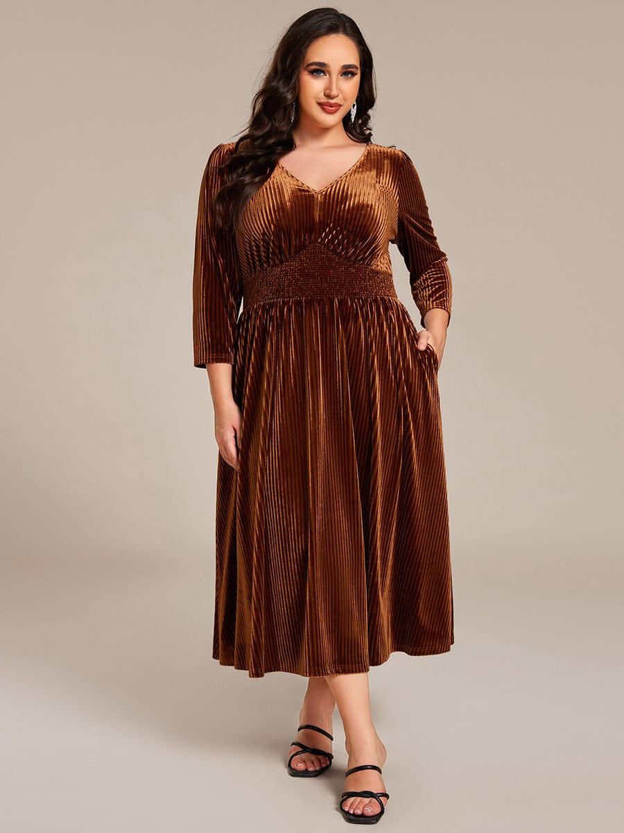 V-Neck Long Sleeves Pleated Velvet Wedding Guest Dress With Pockets