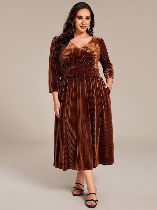 V-Neck Long Sleeves Pleated Velvet Wedding Guest Dress With Pockets