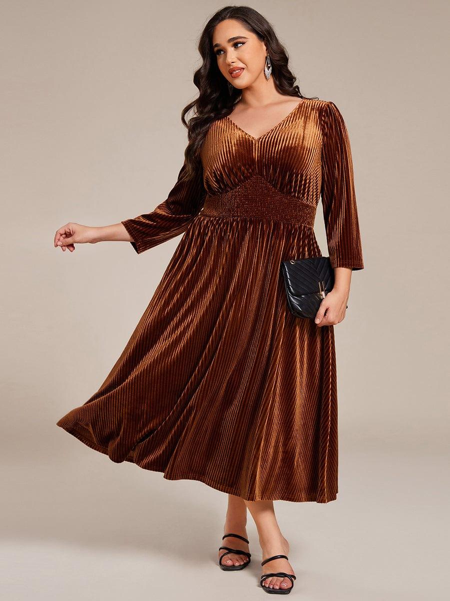 V-Neck Long Sleeves Pleated Velvet Wedding Guest Dress With Pockets