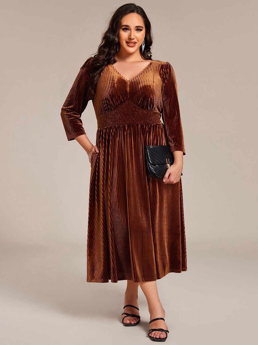 V-Neck Long Sleeves Pleated Velvet Wedding Guest Dress With Pockets
