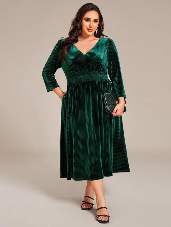 V-Neck Long Sleeves Pleated Velvet Wedding Guest Dress With Pockets