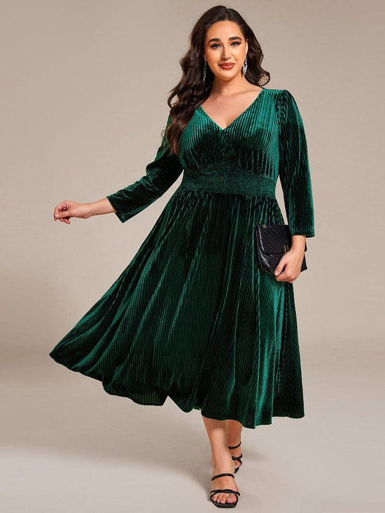 V-Neck Long Sleeves Pleated Velvet Wedding Guest Dress With Pockets