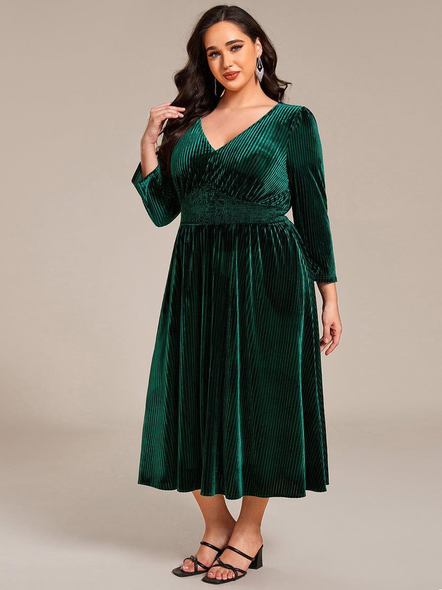 V-Neck Long Sleeves Pleated Velvet Wedding Guest Dress With Pockets