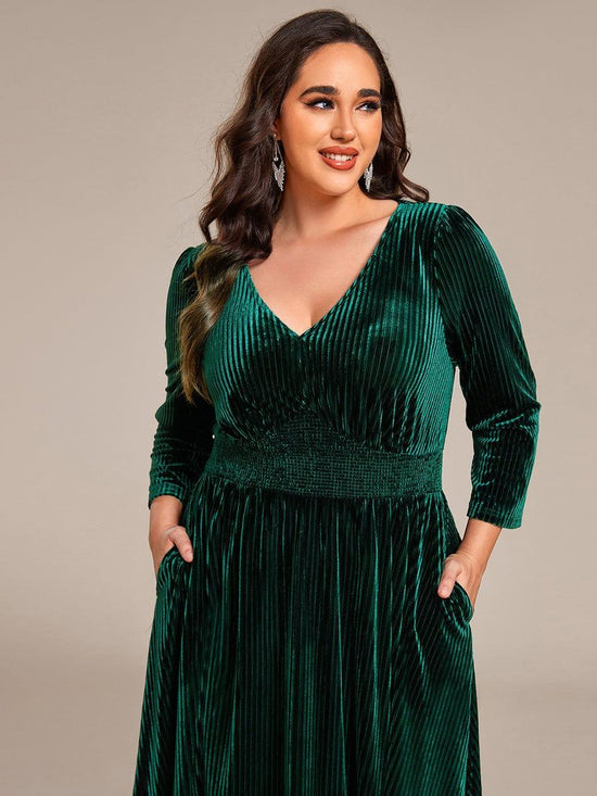 V-Neck Long Sleeves Pleated Velvet Wedding Guest Dress With Pockets