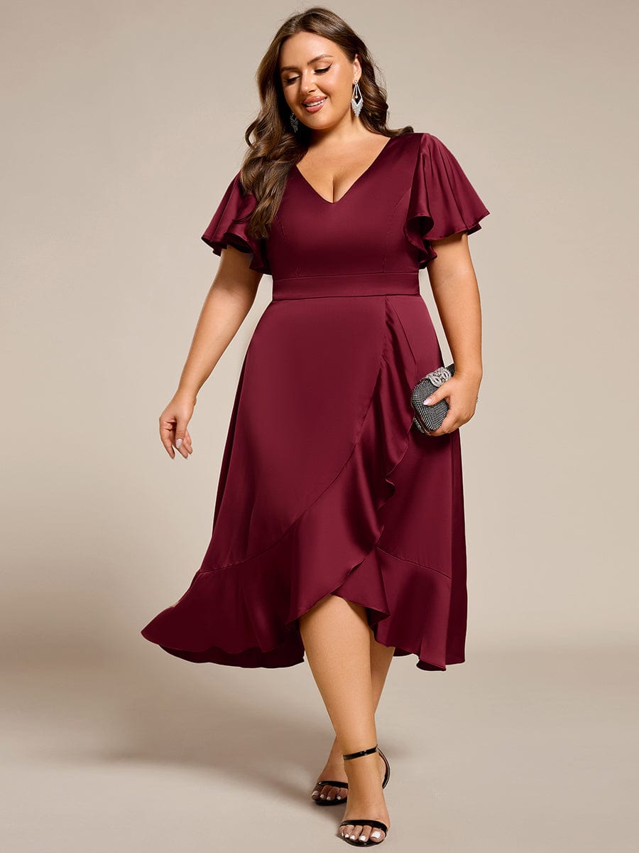 Elegant Satin A-Line V-Neck Empire Ruffle Wedding Guest Dress