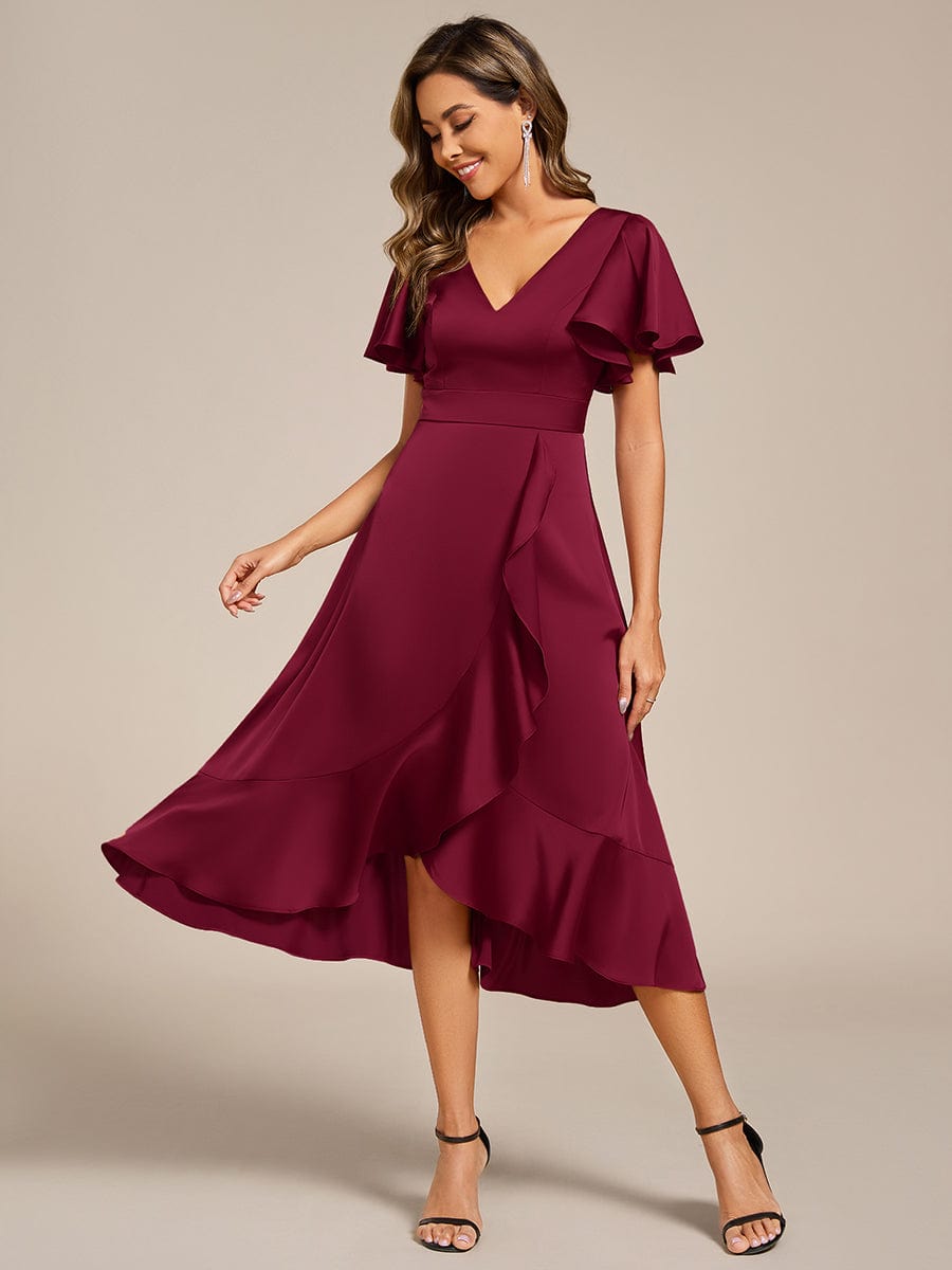 Elegant Satin A-Line V-Neck Empire Ruffle Wedding Guest Dress