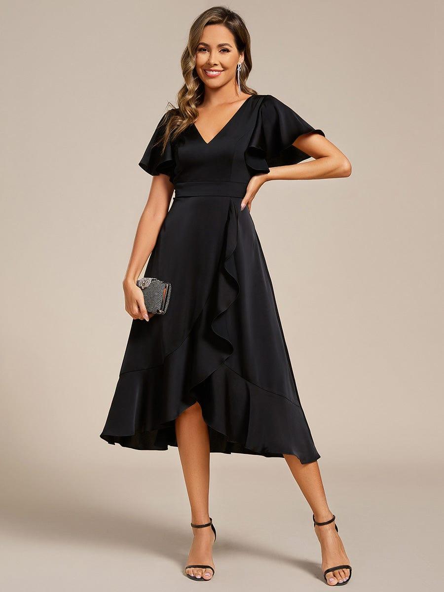 Elegant Satin A-Line V-Neck Empire Ruffle Wedding Guest Dress