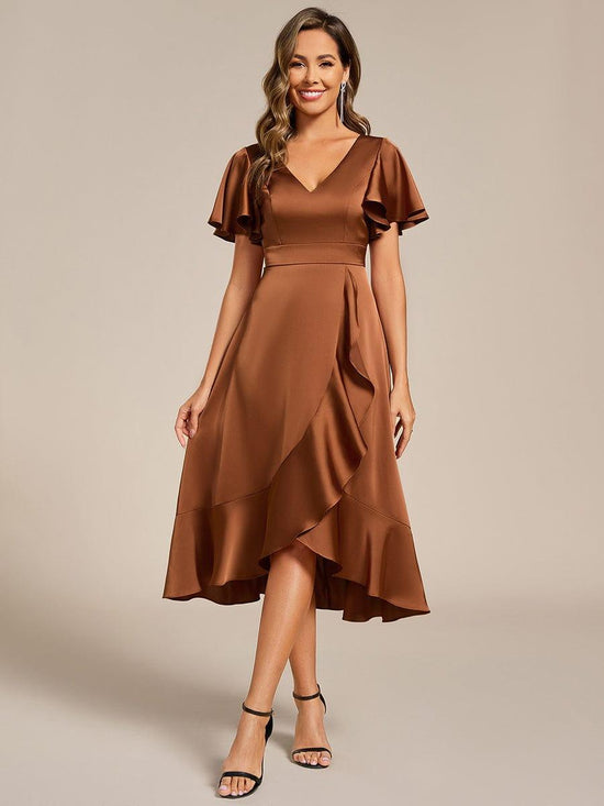 Elegant Satin A-Line V-Neck Empire Ruffle Wedding Guest Dress