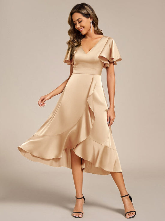Elegant Satin A-Line V-Neck Empire Ruffle Wedding Guest Dress