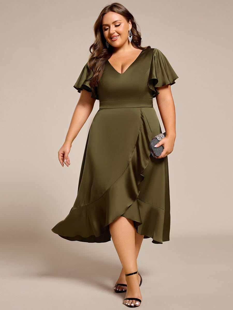 Elegant Satin A-Line V-Neck Empire Ruffle Wedding Guest Dress