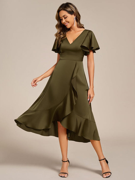 Elegant Satin A-Line V-Neck Empire Ruffle Wedding Guest Dress