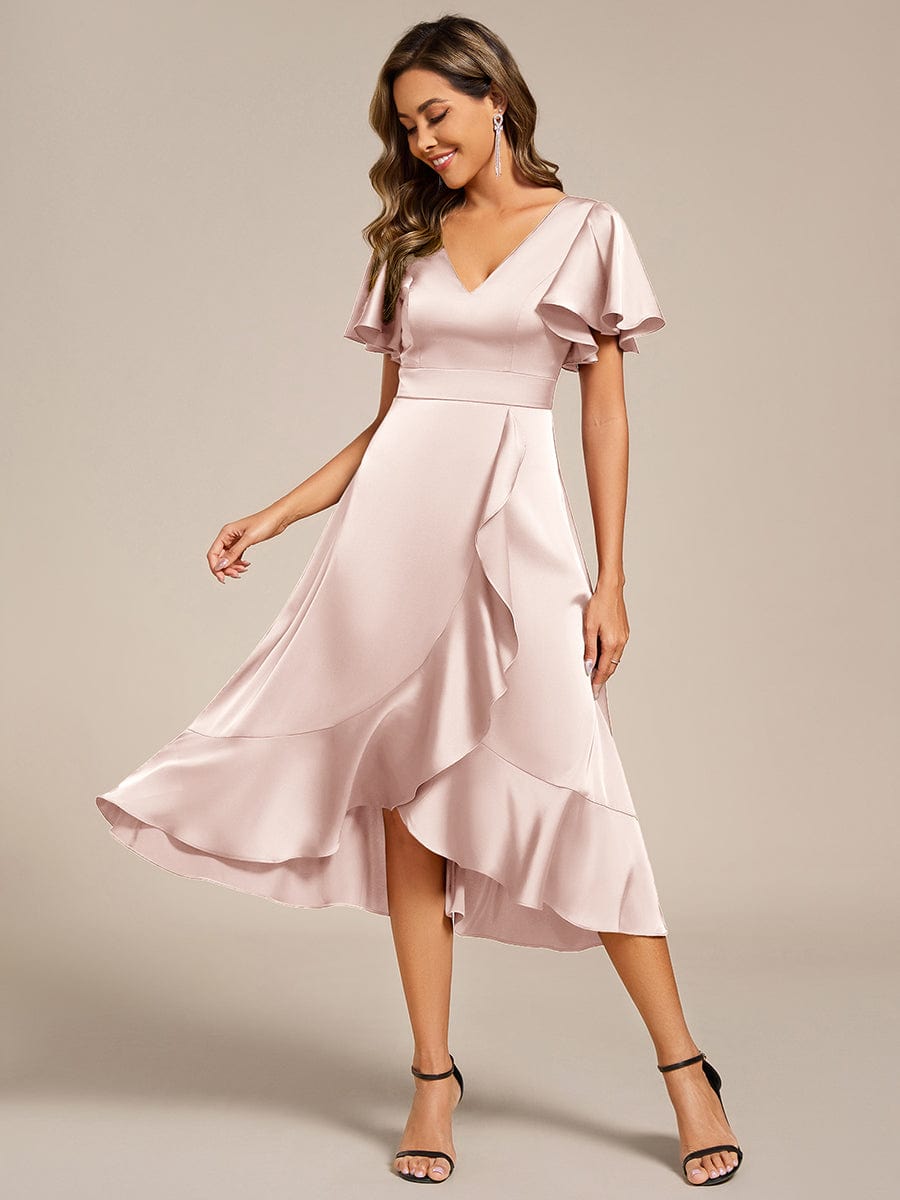 Elegant Satin A-Line V-Neck Empire Ruffle Wedding Guest Dress