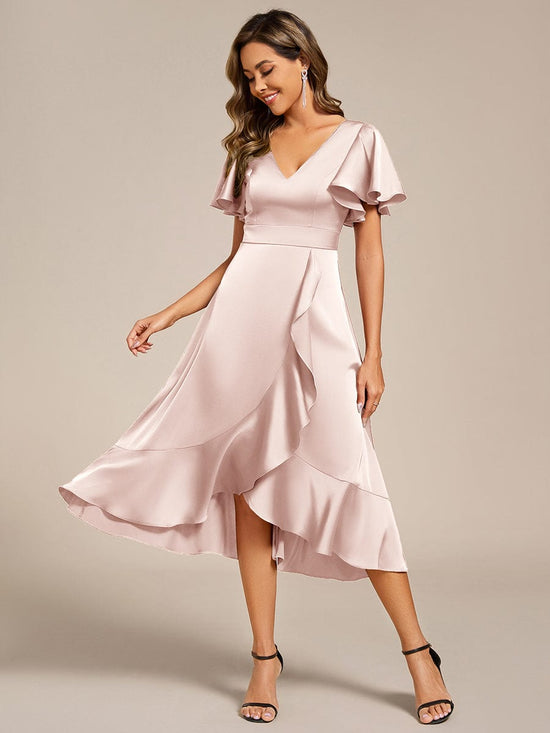 Elegant Satin A-Line V-Neck Empire Ruffle Wedding Guest Dress