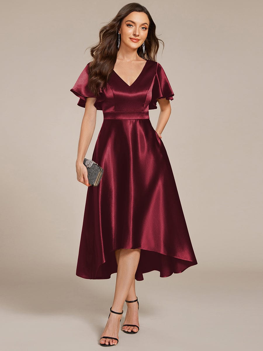 V-Neck Bell Sleeves A-Line Empire Midi Wedding Guest Dress With Pockets