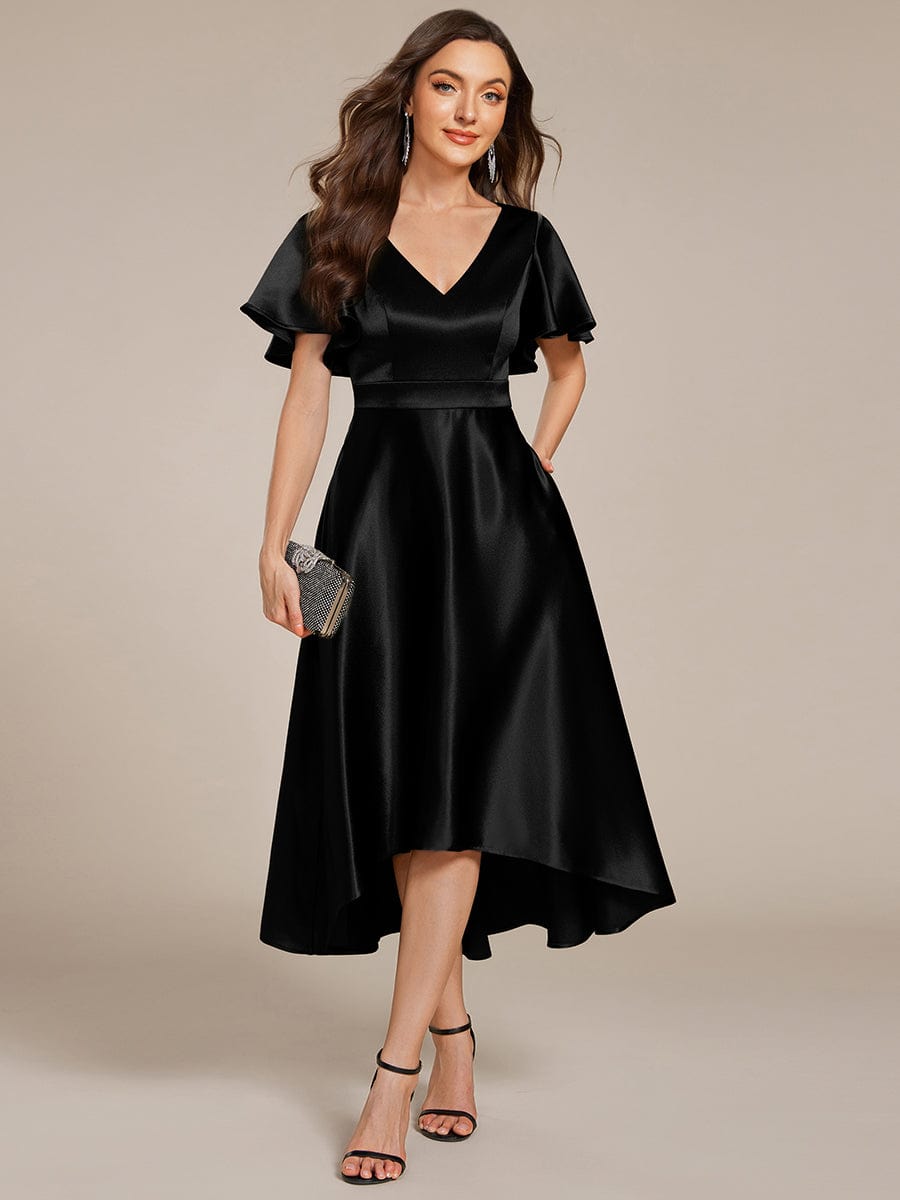V-Neck Bell Sleeves A-Line Empire Midi Wedding Guest Dress With Pockets