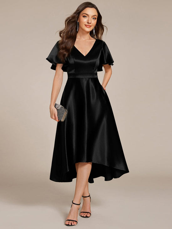 V-Neck Bell Sleeves A-Line Empire Midi Wedding Guest Dress With Pockets