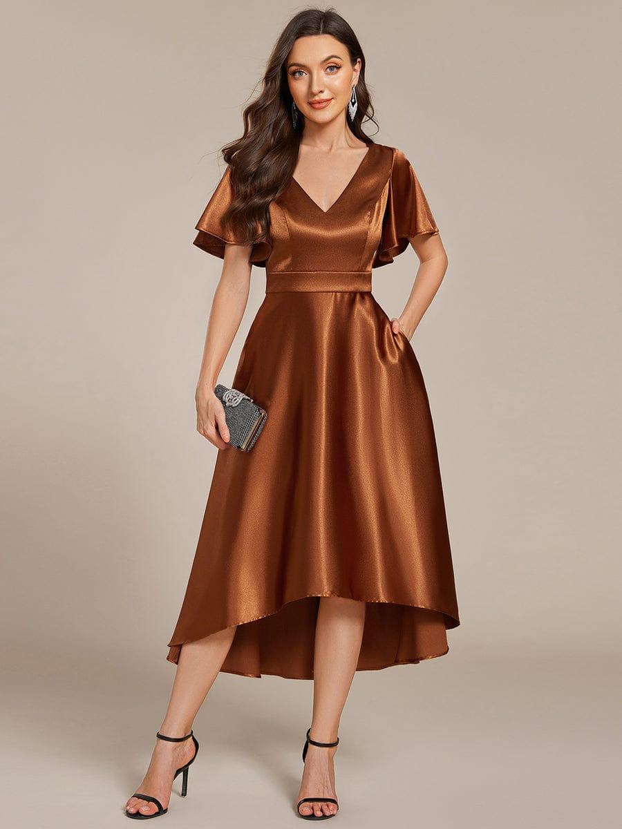 V-Neck Bell Sleeves A-Line Empire Midi Wedding Guest Dress With Pockets
