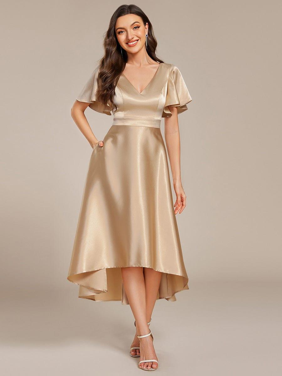 V-Neck Bell Sleeves A-Line Empire Midi Wedding Guest Dress With Pockets