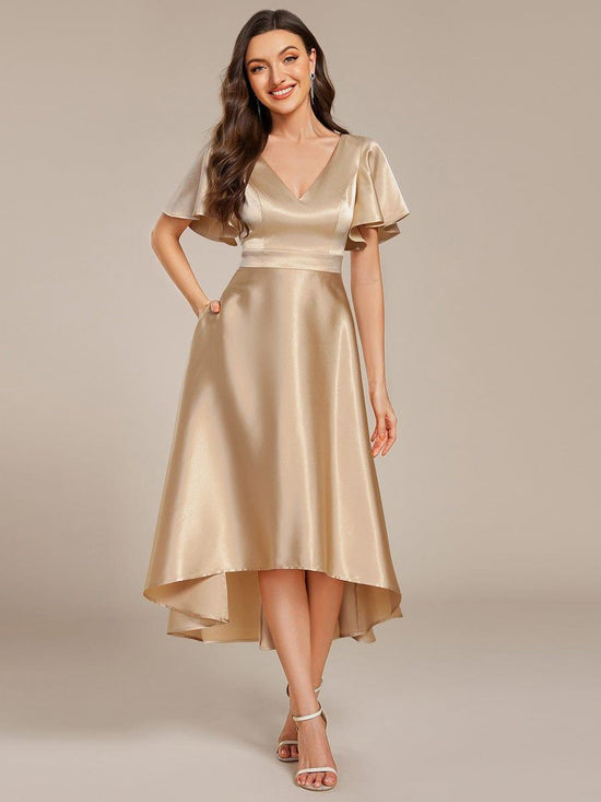 V-Neck Bell Sleeves A-Line Empire Midi Wedding Guest Dress With Pockets