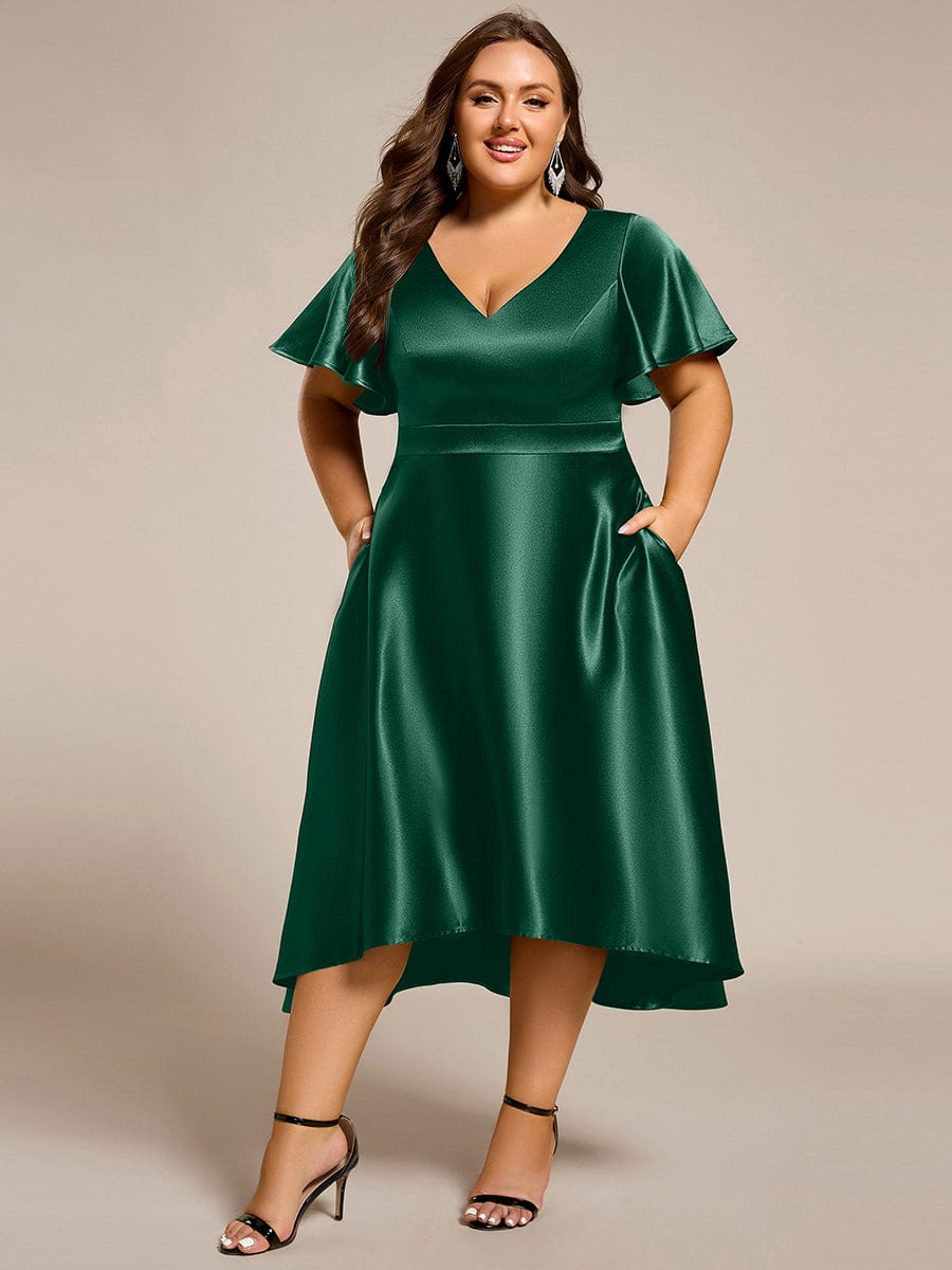 V-Neck Bell Sleeves A-Line Empire Midi Wedding Guest Dress With Pockets