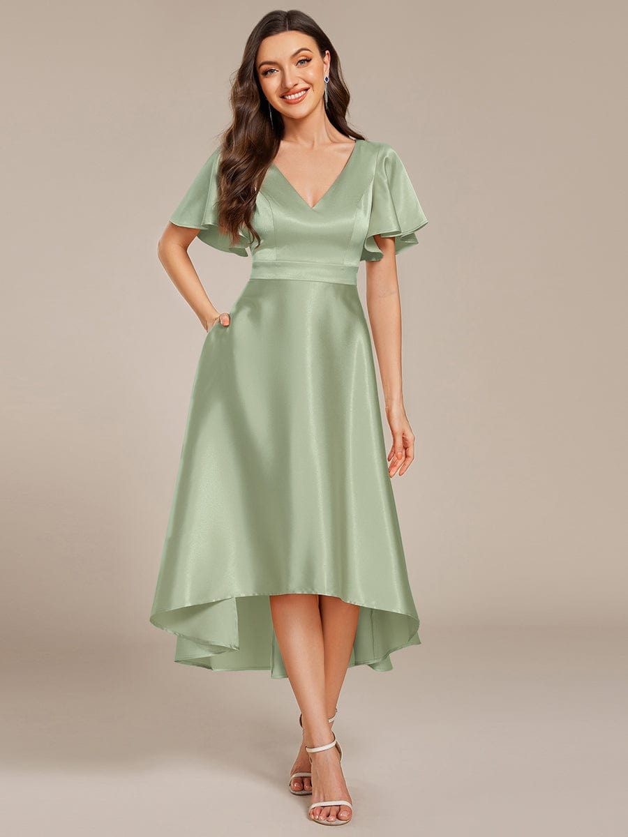 V-Neck Bell Sleeves A-Line Empire Midi Wedding Guest Dress With Pockets