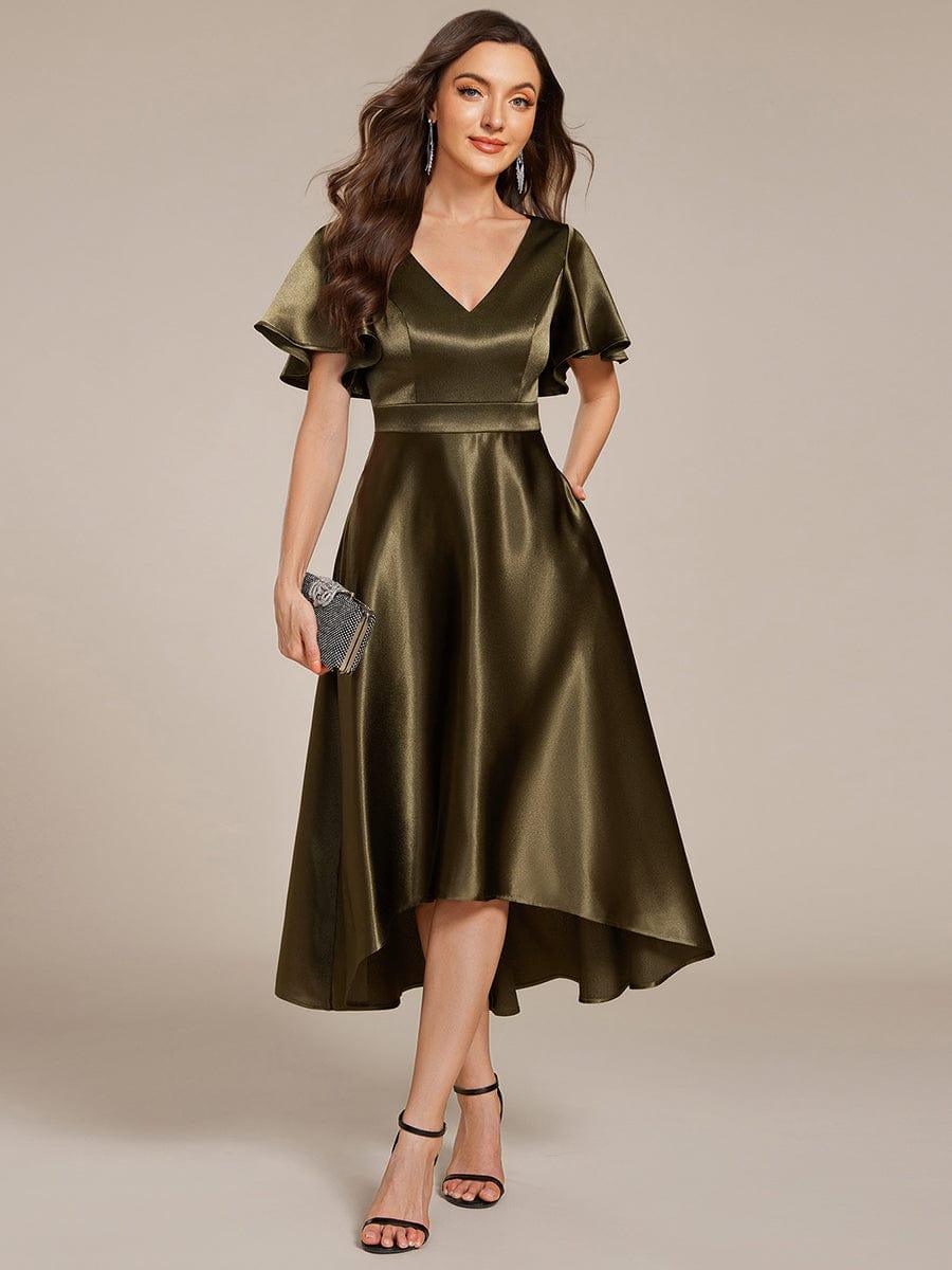 V-Neck Bell Sleeves A-Line Empire Midi Wedding Guest Dress With Pockets
